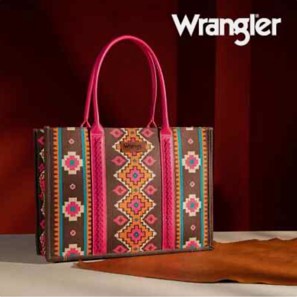 Wrangler Ladies Southwestern Dual Sided Hot Pink Wide Tote Bag GREAT GIFT Tech